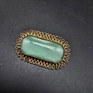 Vintage Green Moon Glow Brooch Faux Jade Costume Jewelry